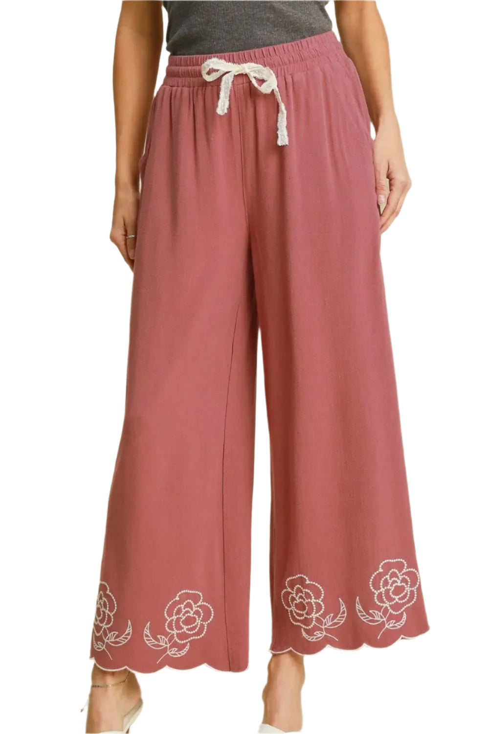 TEEK - Dusty Pink Linen Blend Wide Leg Scalloped Hemline Pants PANTS TEEK Trend S