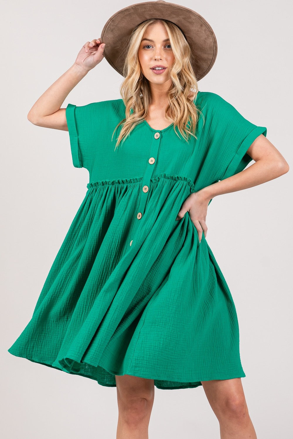 TEEK - Kelly Green Button Up Short Sleeve Dress DRESS TEEK Trend   
