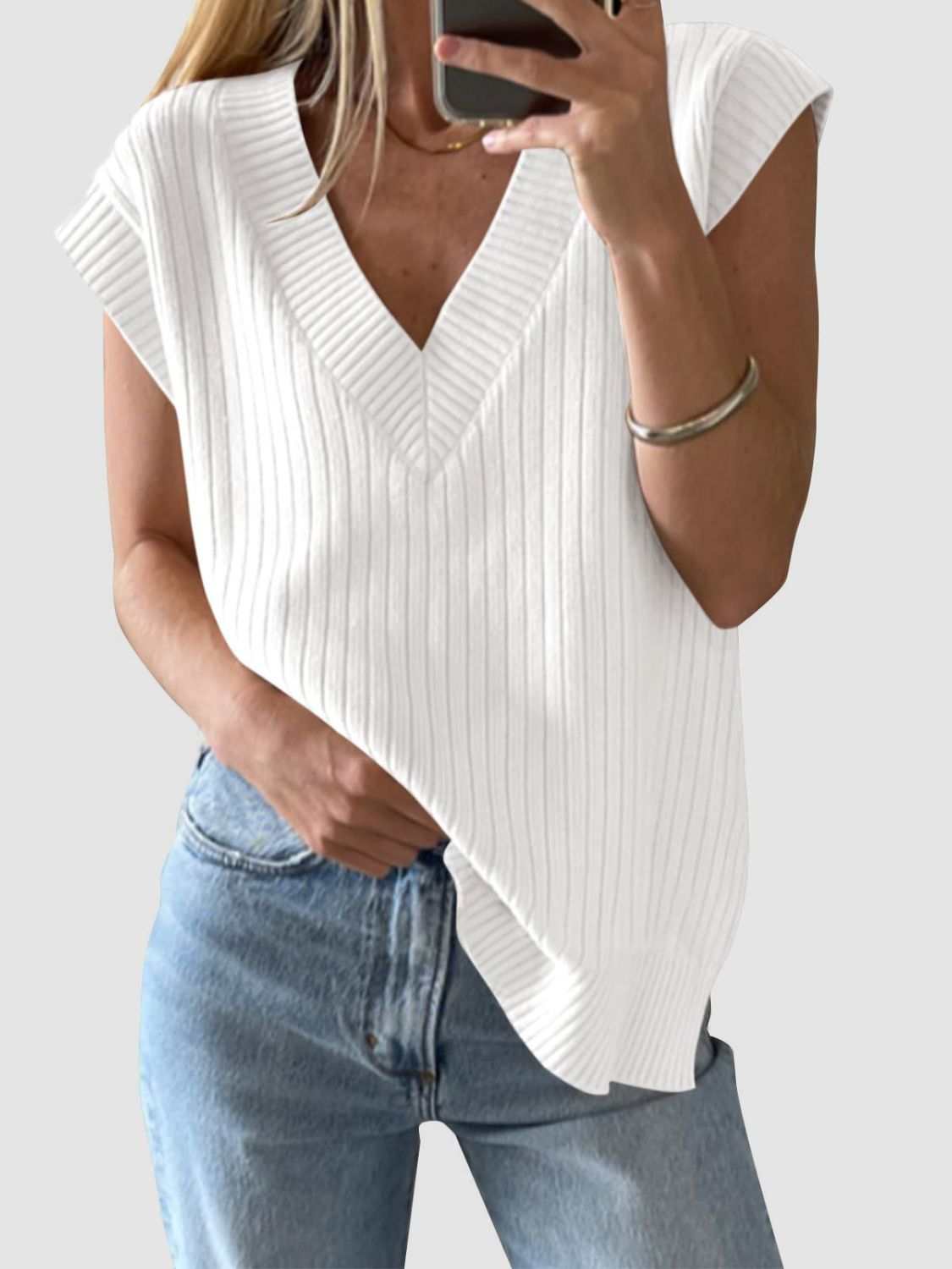 TEEK - Mandy Ribbed V-Neck Sweater Vest TOPS TEEK Trend White S