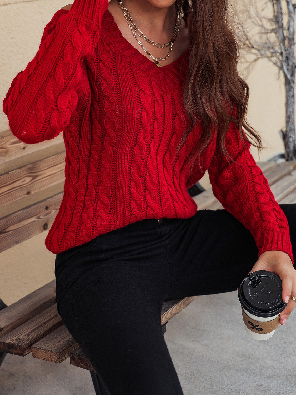 TEEK - Honey Cable-Knit V-Neck Cold Shoulder Sweater TOPS TEEK Trend