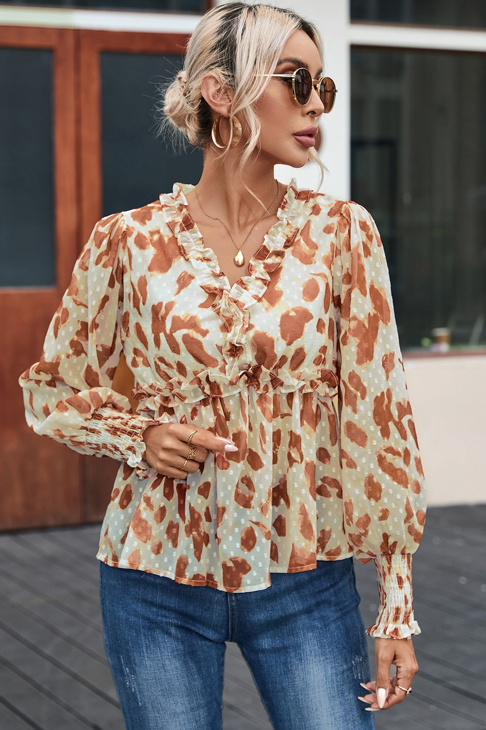 TEEK - Tan Frill V-Neck Lantern Sleeve Blouse TOPS TEEK Trend   