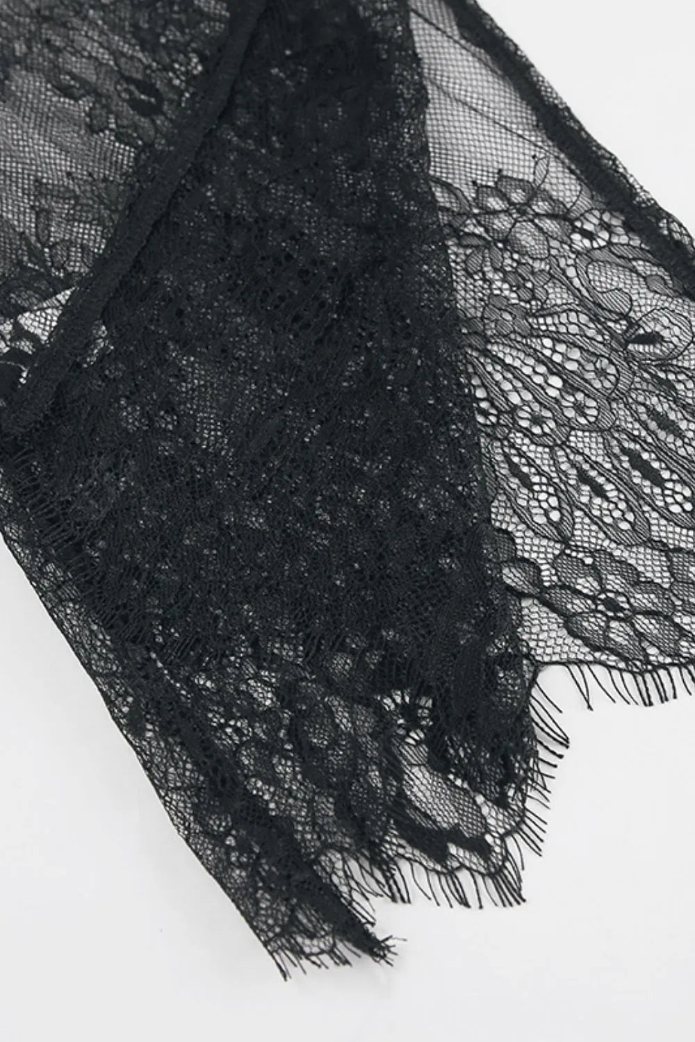 TEEK - Black Fringe Round Neck Long Sleeve Lace Sheer Top TOPS TEEK Trend