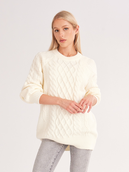 TEEK - Off White Oversized Crewneck Cable Knit Sweater Dress SWEATER TEEK W   