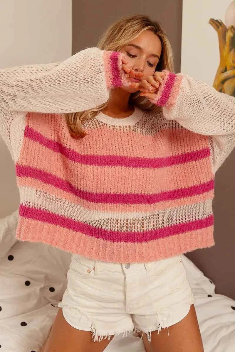 BiBi Hollow Out Yoke Detail Striped Sweater Trendsi