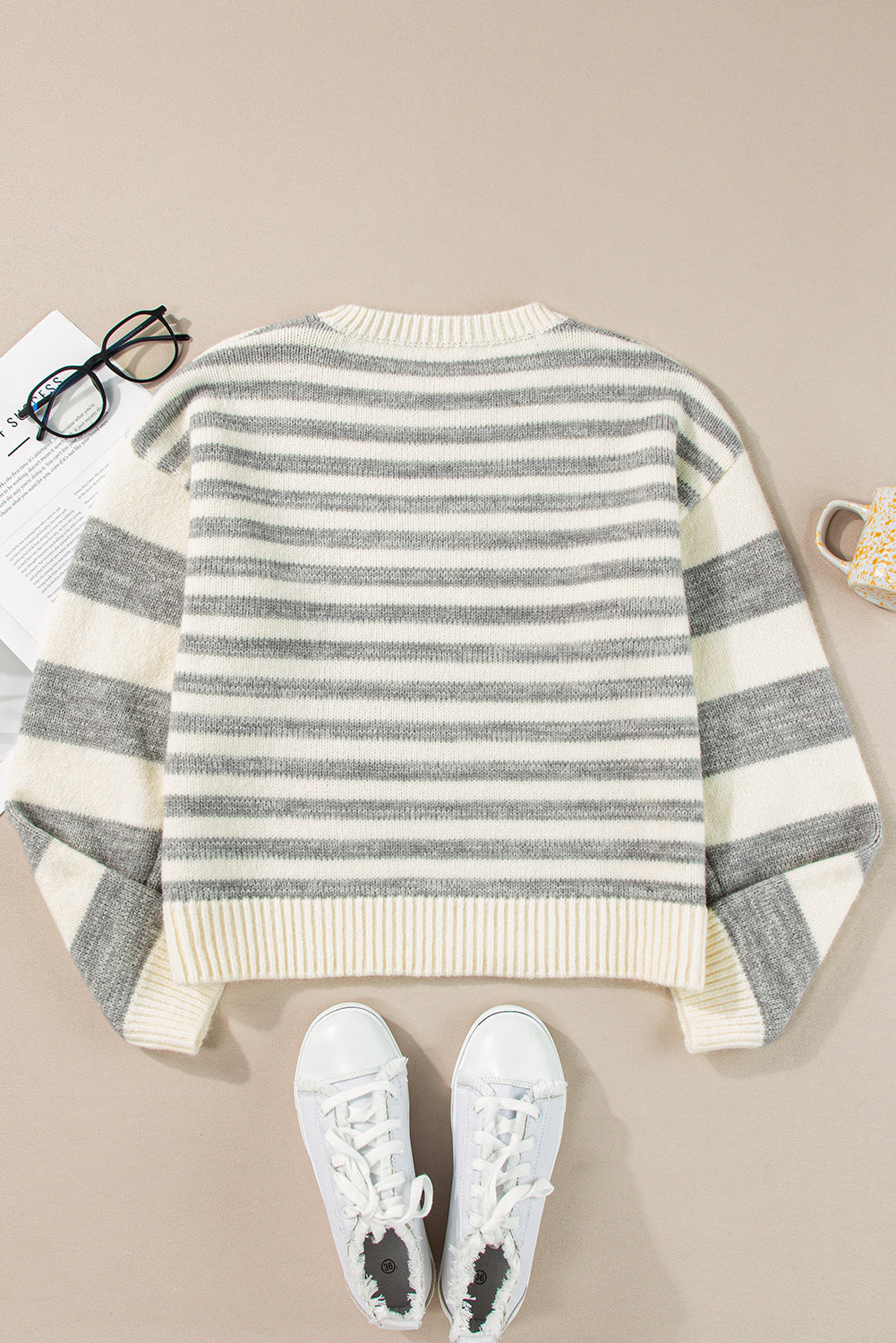 TEEK - Grey Striped Round Neck Dropped Shoulder Sweater TOPS TEEK Trend