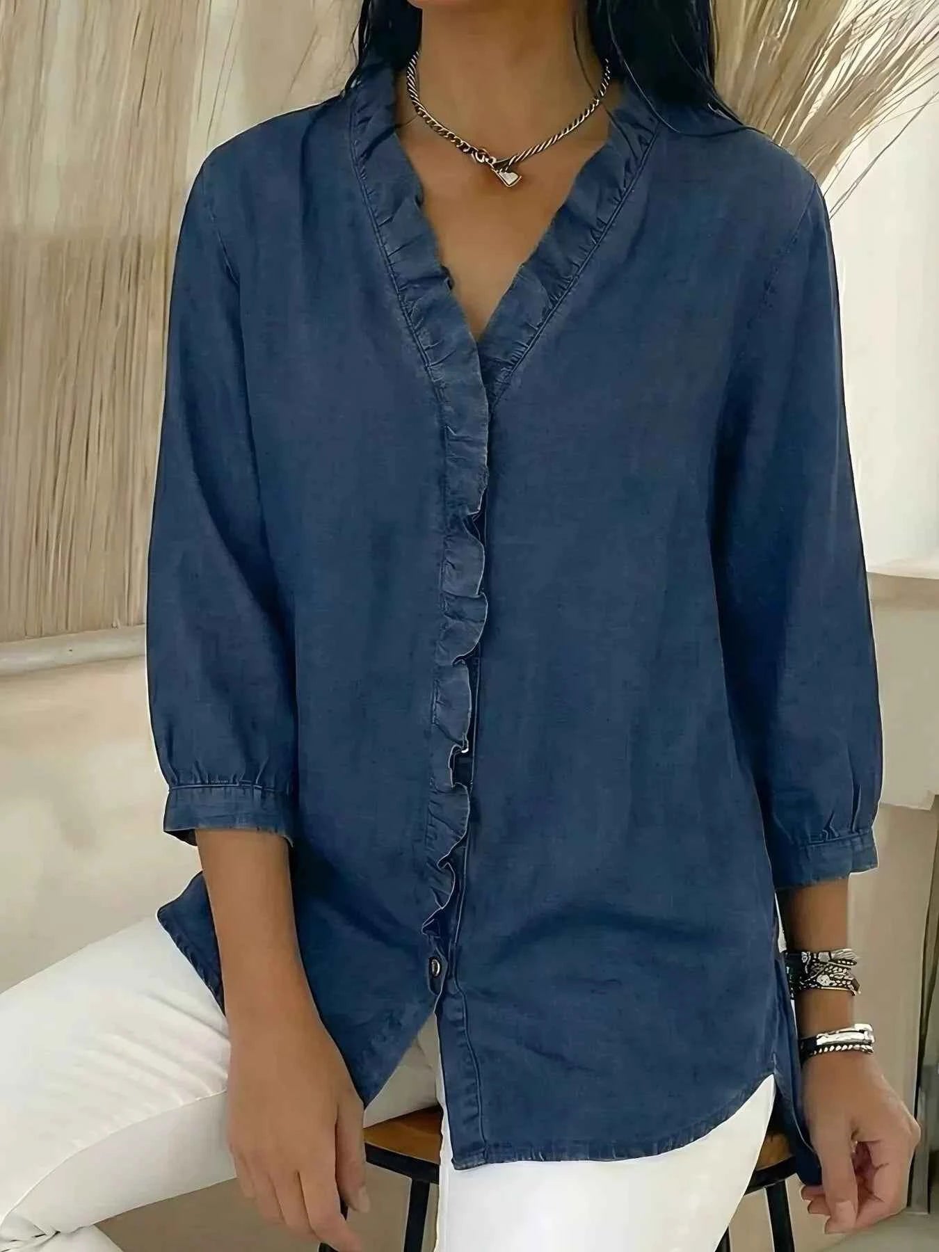 TEEK - Full Size V-Neck Ruffled Button Down Shirt Plus Size TOPS TEEK Trend