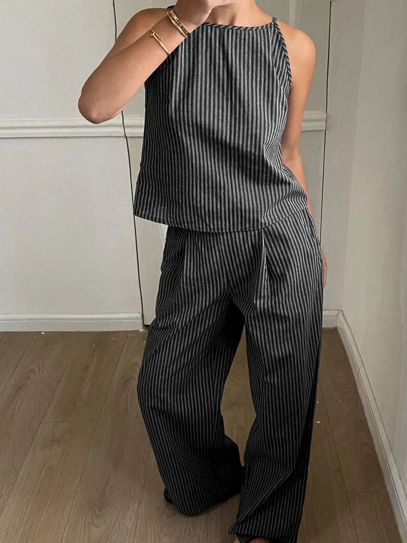 TEEK - Striped Sleeveless Top and Wide-Leg Pants Set SET TEEK Trend