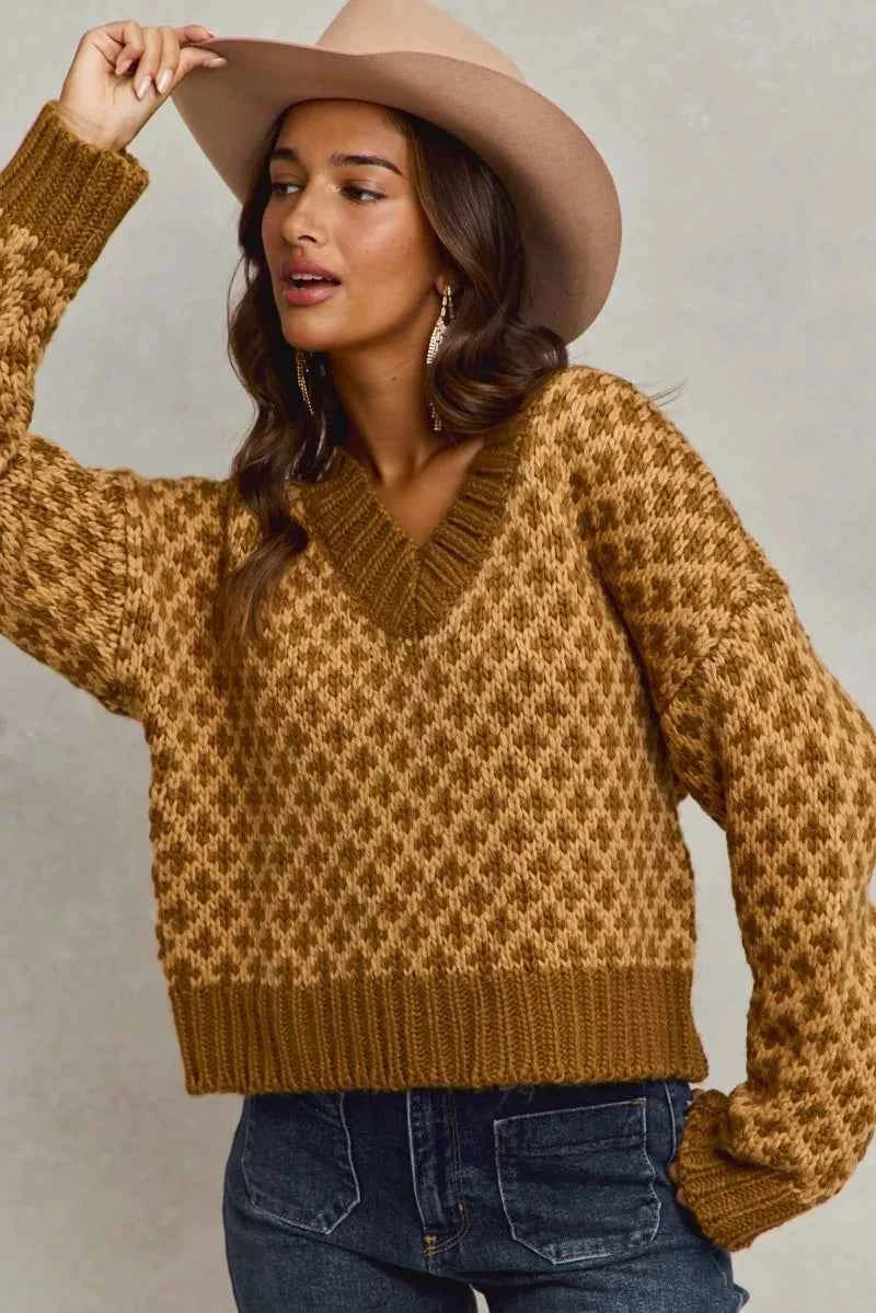 TEEK - Color Block Textured Sweater V-Neck Top TOPS TEEK Trend