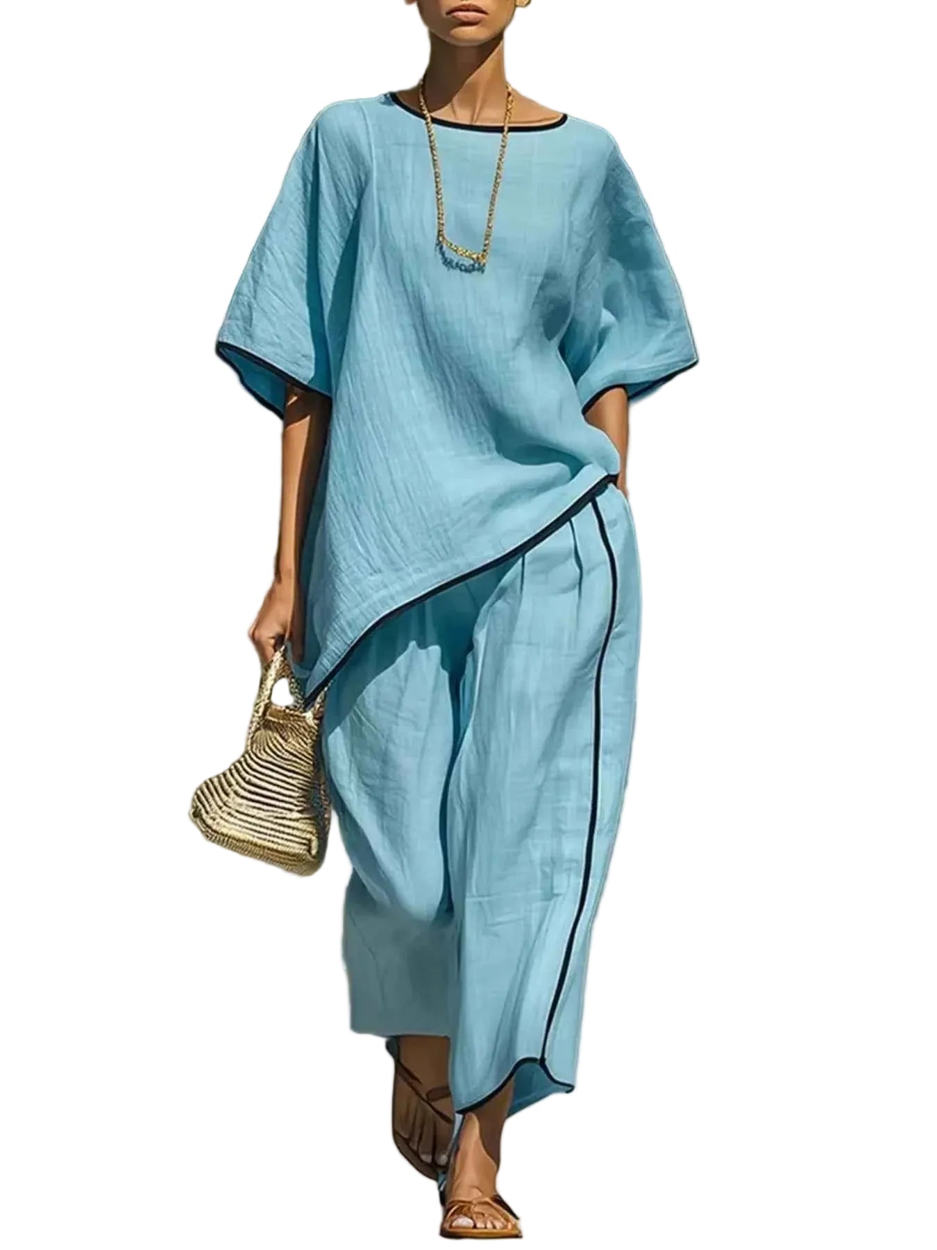 Full Size Contrast Trim Half Sleeve Top and Pants Set Plus Size Trendsi Sky Blue S