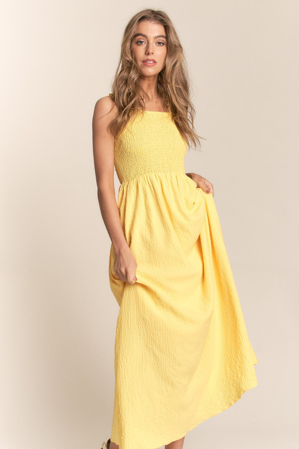 TEEK - Banana Texture Crisscross Back Tie Smocked Maxi Dress DRESS TEEK Trend   