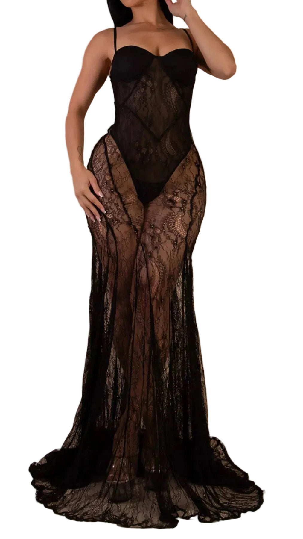 Sweetheart Neck Sheer Lace Maxi Dress Trendsi Black S