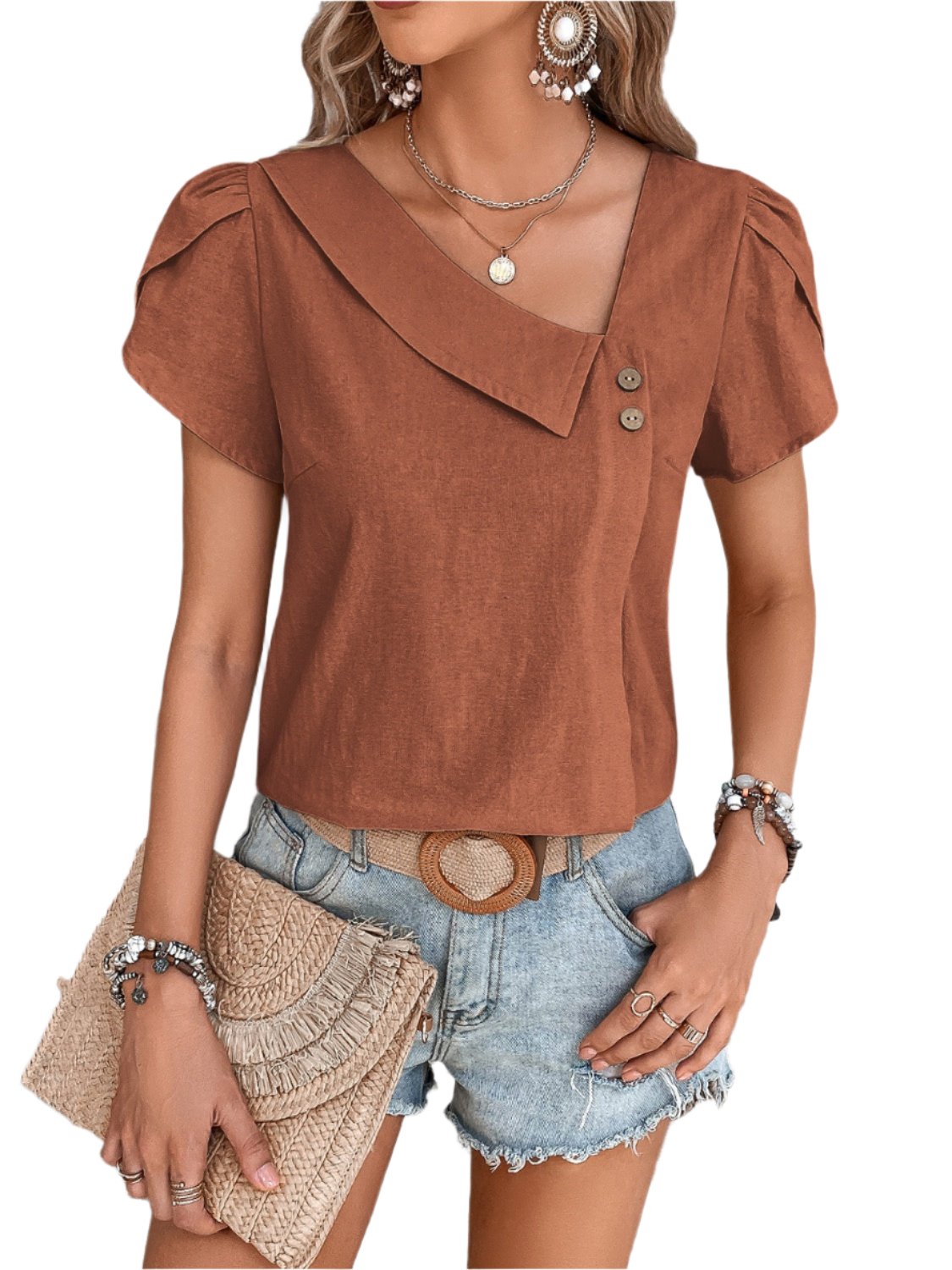 TEEK - Honey Asymmetrical Neck Petal Sleeve Blouse TOPS TEEK Trend Brown S 