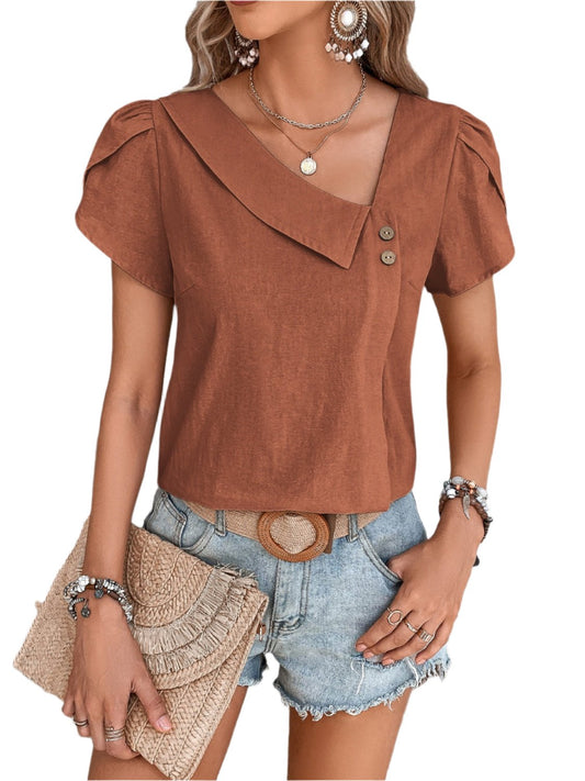 TEEK - Honey Asymmetrical Neck Petal Sleeve Blouse TOPS TEEK Trend Brown S 