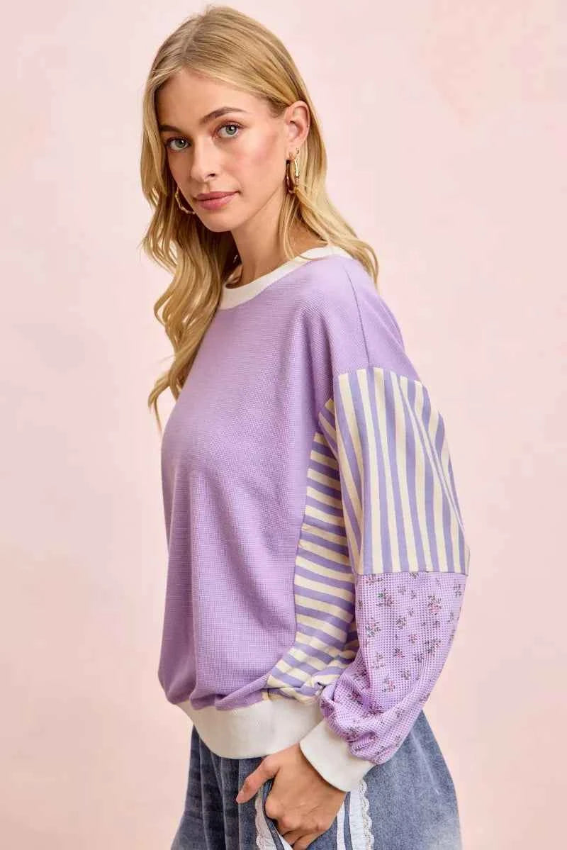 TEEK - Mix and Match Sweatshirt with Floral Sleeve Striped TOPS TEEK Trend