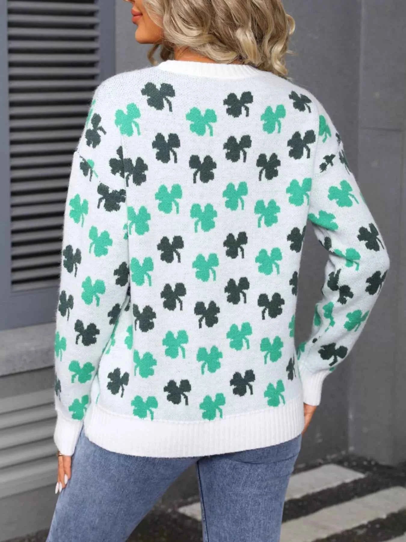 Lucky Clover Crew Neck Sweater Trendsi
