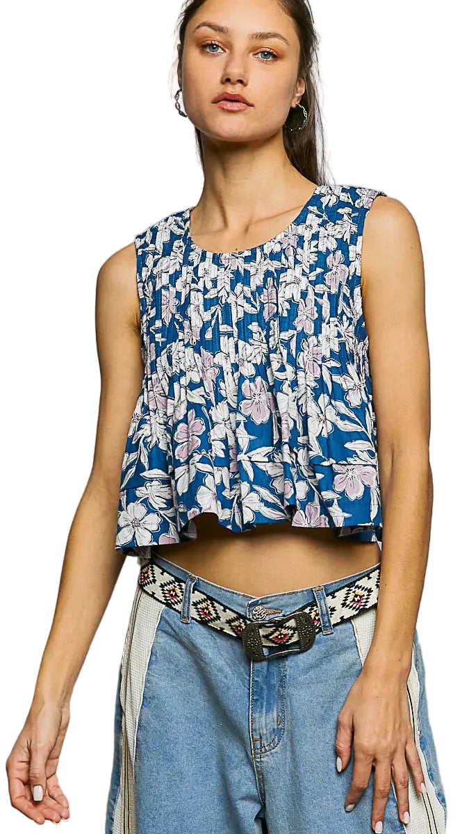 POL Floral Round Neck Cropped Pintuck Tank Trendsi NAVY FLORAL S