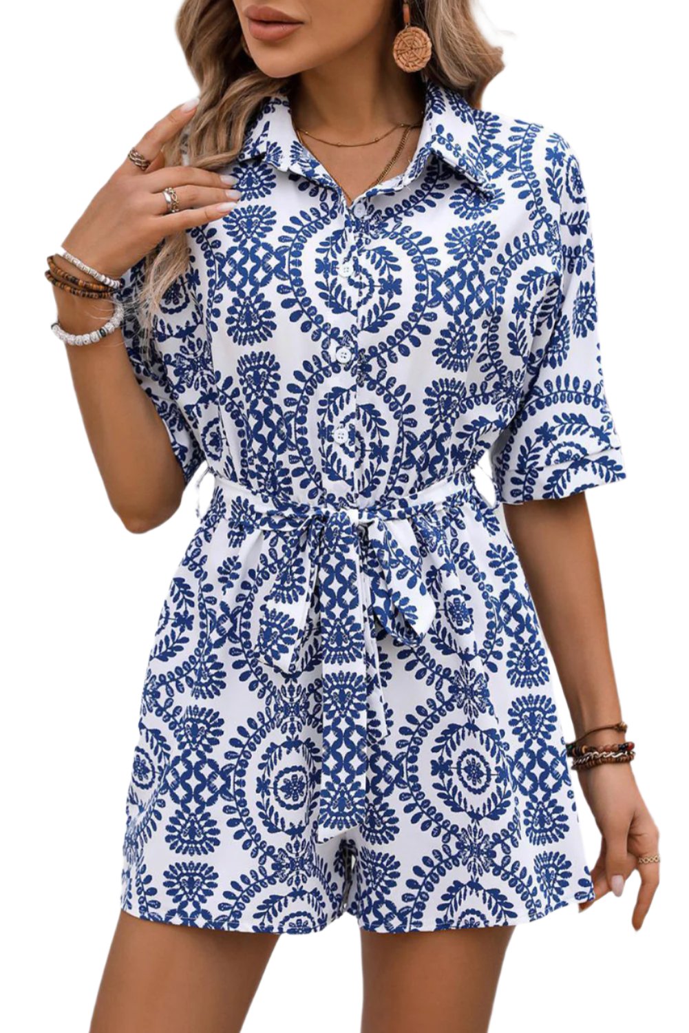 TEEK - Dark Blue Tied Printed Short Sleeve Romper JUMPSUIT TEEK Trend S  