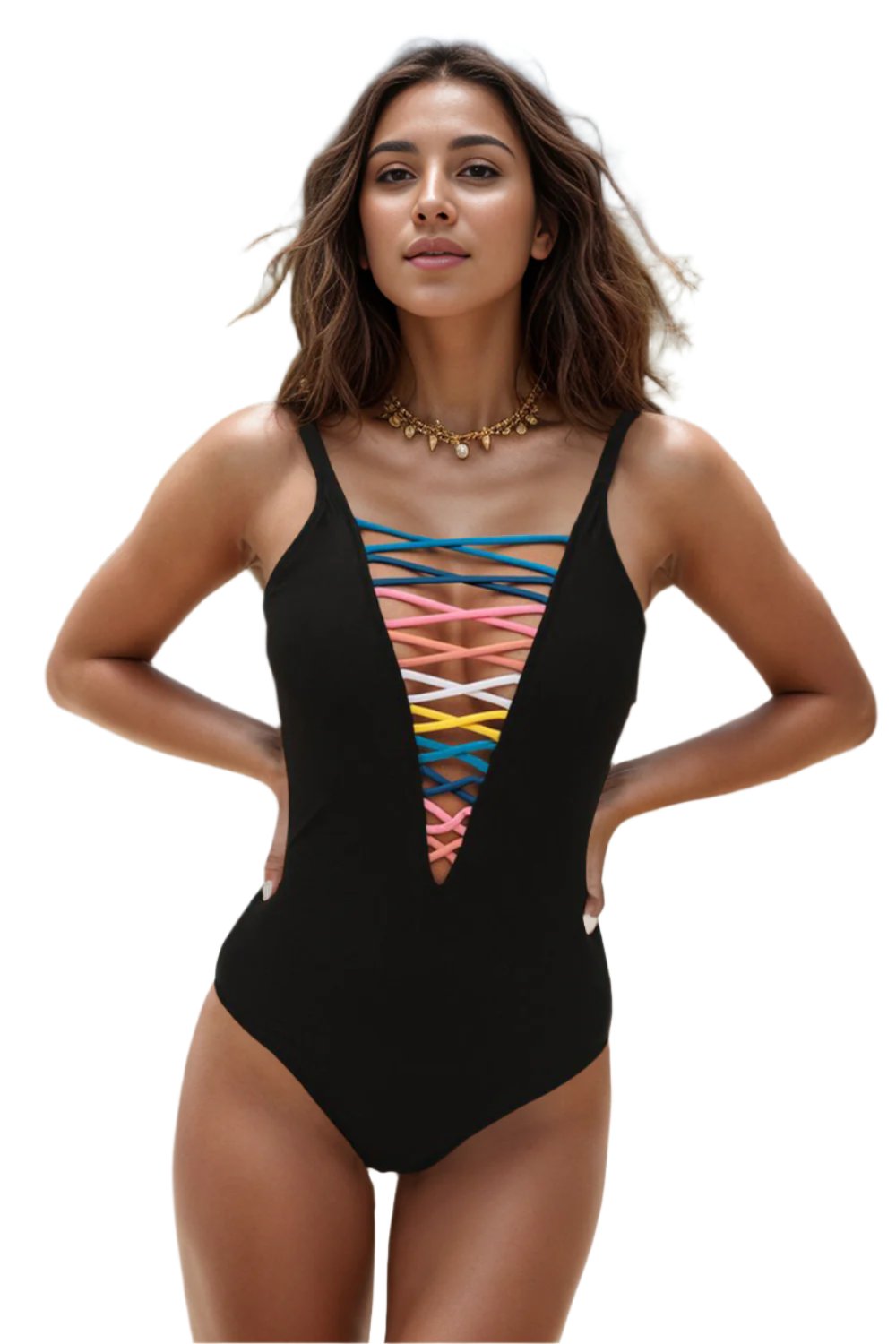 TEEK - Colored Crisscross Spaghetti Strap Swimsuit SWIMWEAR TEEK Trend Black S 