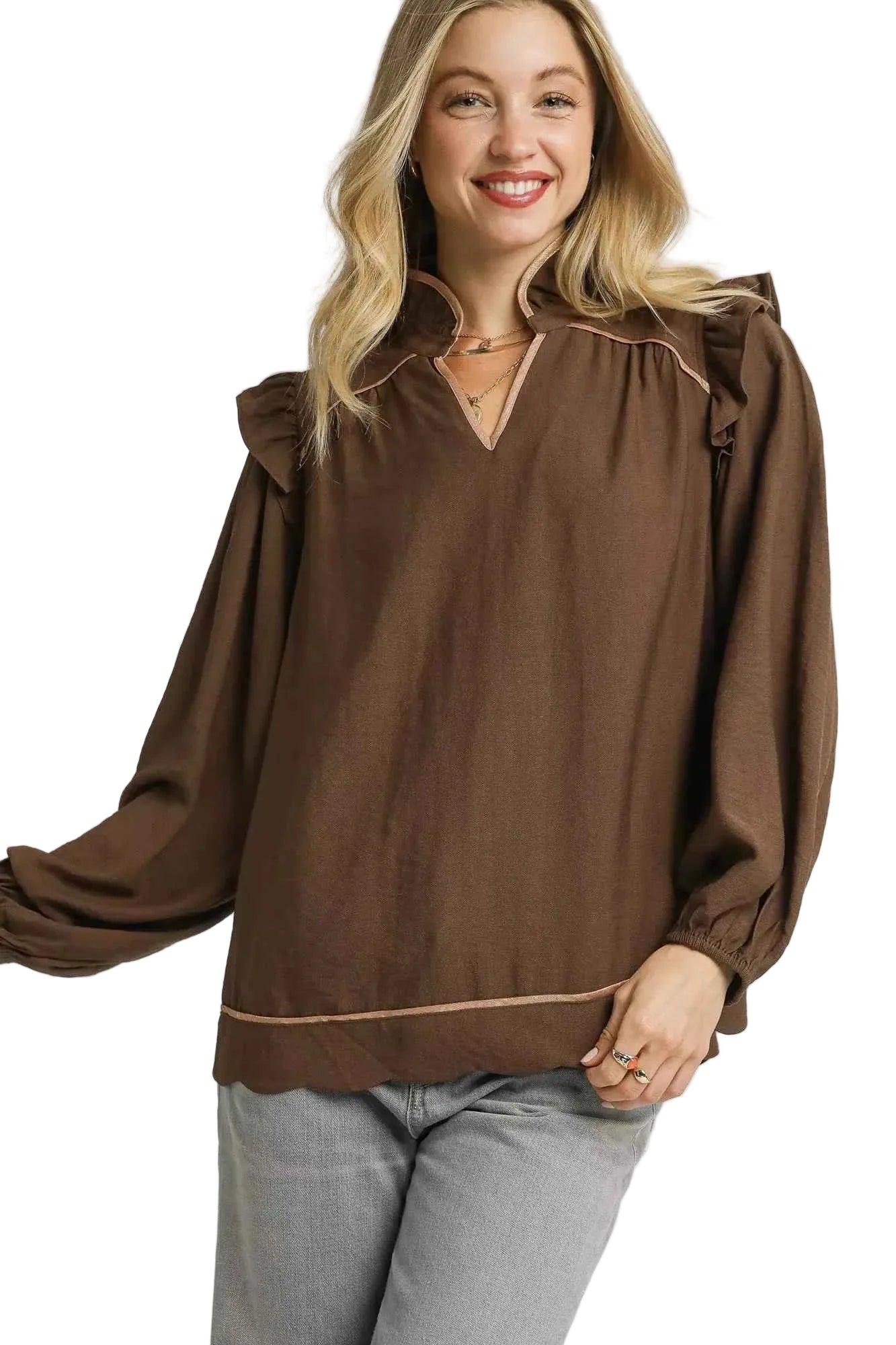 TEEK - Ruffle Shoulder Long Sleeve Blouse TOPS TEEK Trend Brown S