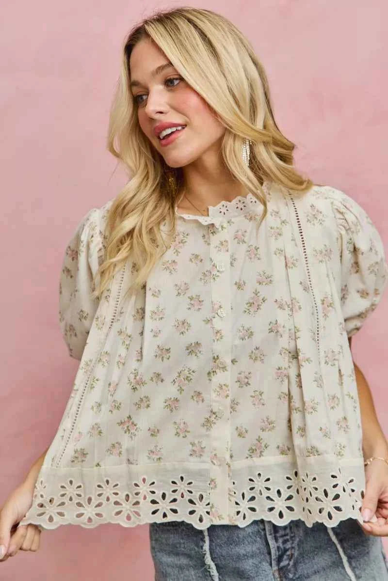 TEEK - Floral Print Lace Trim Short Sleeves Blouse TOPS TEEK Trend