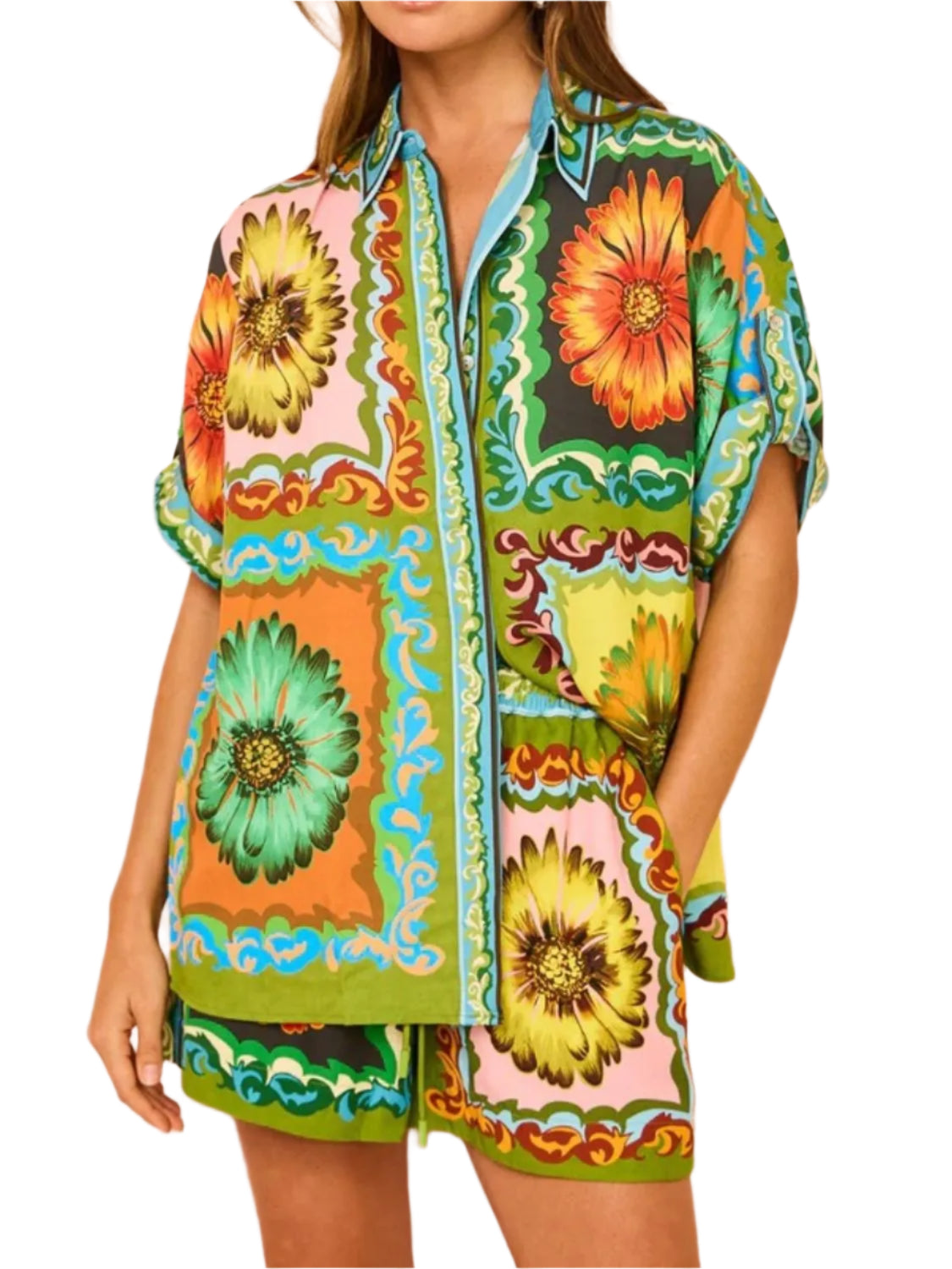 TEEK - Multicolor Printed Buttoned Top Drawstring Shorts Set SET TEEK Trend S