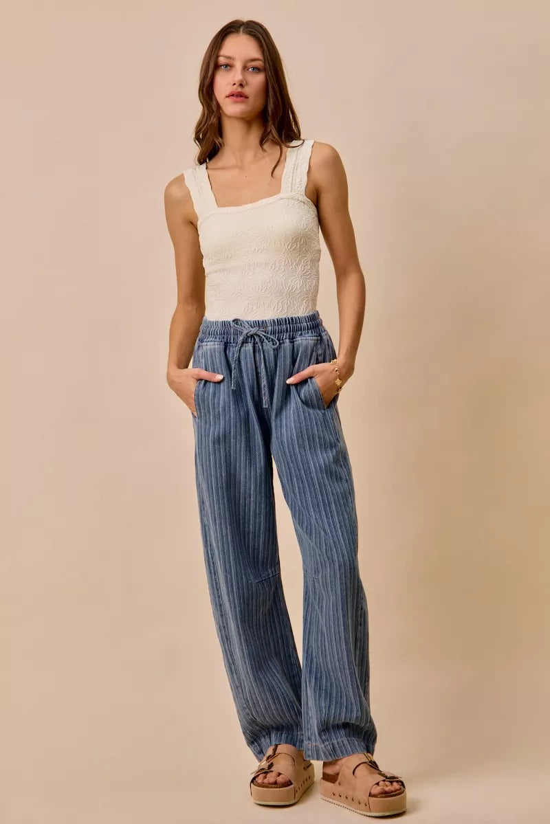 TEEK - Striped Denim Barrel Jeans Drawstring Waistband JEANS TEEK Trend