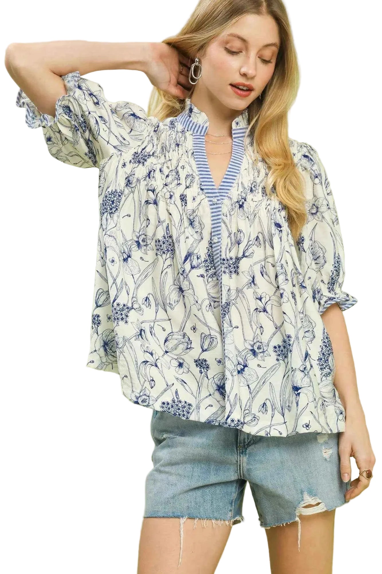 TEEK - Mixed Print Button Front Top Trendsi BLUE S