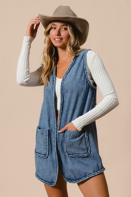 TEEK - Braided Trim Open Front Denim Vest with Pockets VEST TEEK Trend