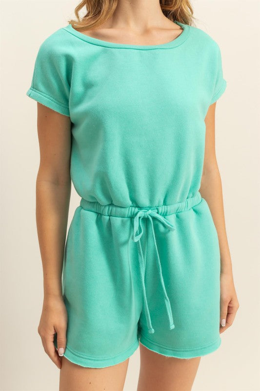 TEEK - Turquoise Round Neck Short Sleeve Drawstring Waist Romper JUMPSUIT TEEK Trend