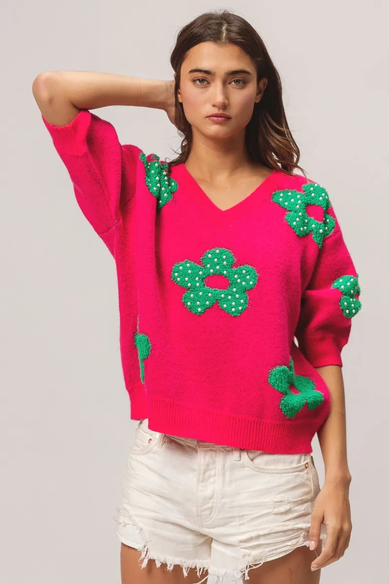TEEK - Fuchsia Jade Pearl Beads Flowers Sweater Top TOPS TEEK Trend