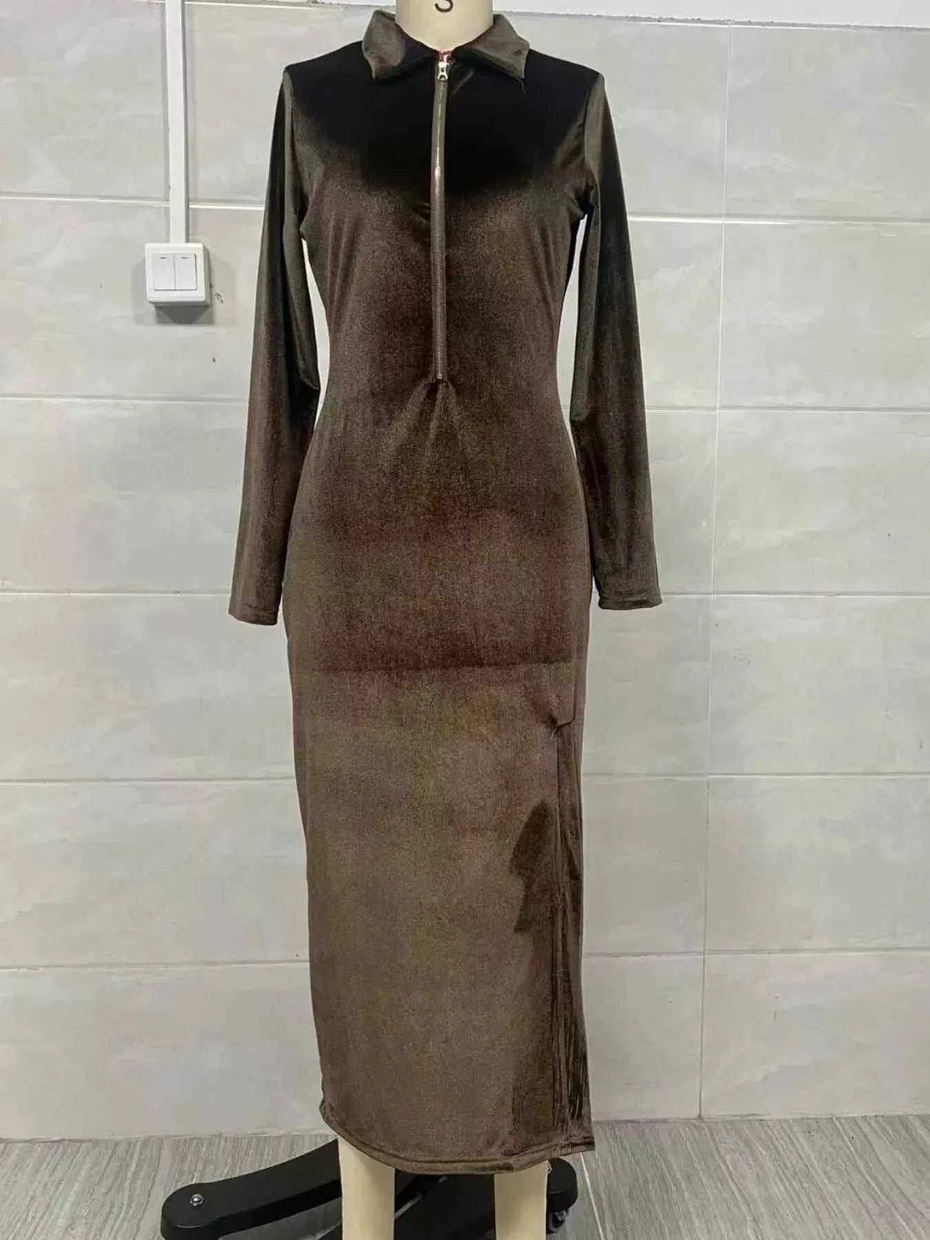 Velvet Zip-Front Slit Midi Dress Trendsi