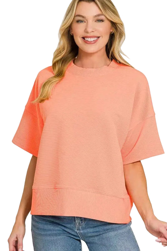 TEEK - Ribbed Round Neck Waist Banded T-Shirt TOPS TEEK Trend CORAL S