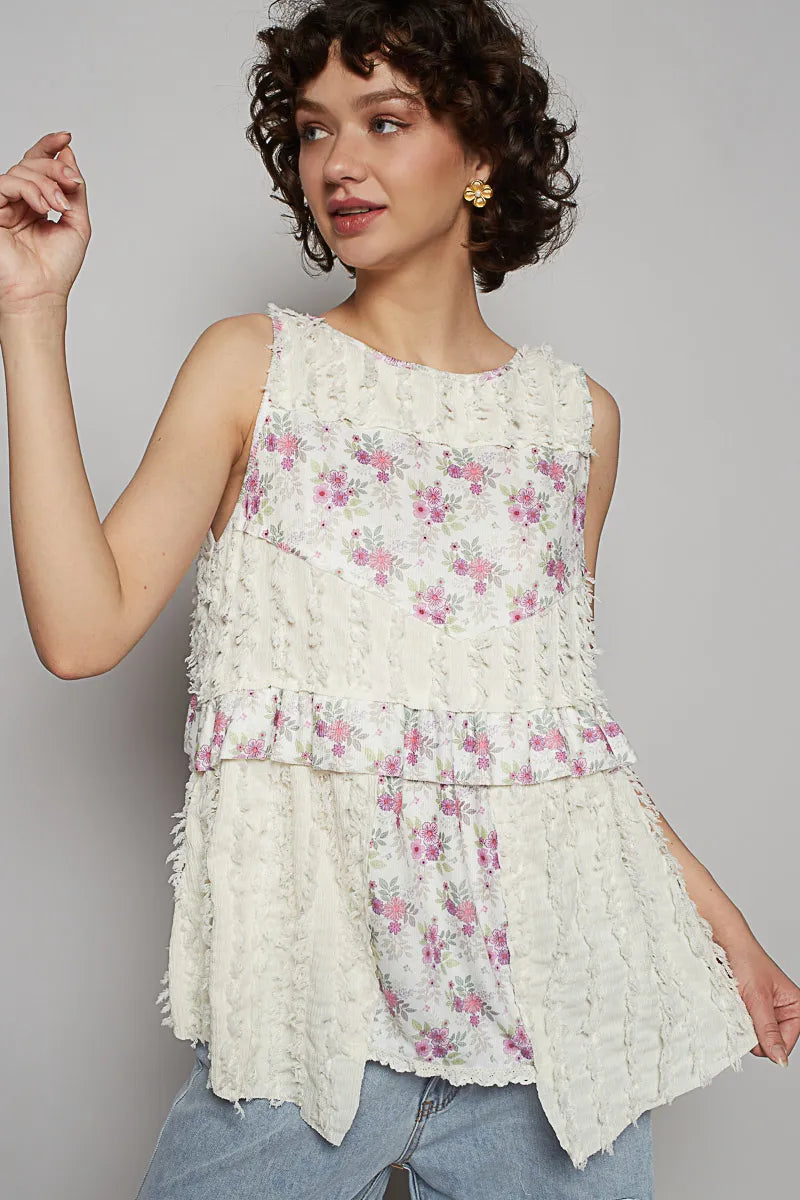 TEEK - Ivory Floral Textured Round Neck Sleeveless Top TOPS TEEK Trend