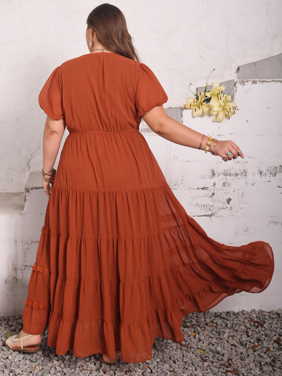 TEEK - Plus Size Rust Ruched Lace Detail V-Neck Dress DRESS TEEK Trend   