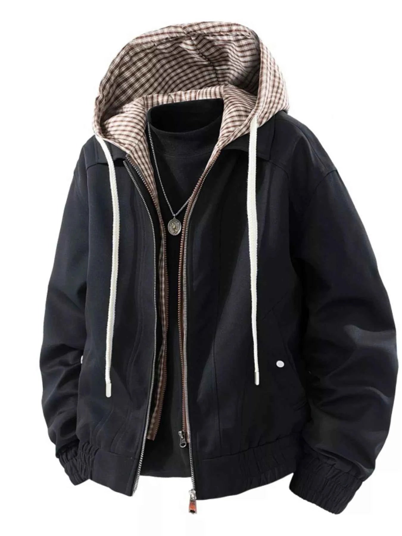 TEEK - Mens Plus Size Casual Plaid Hooded Windbreaker Jacket JACKET TEEK Trend Black M