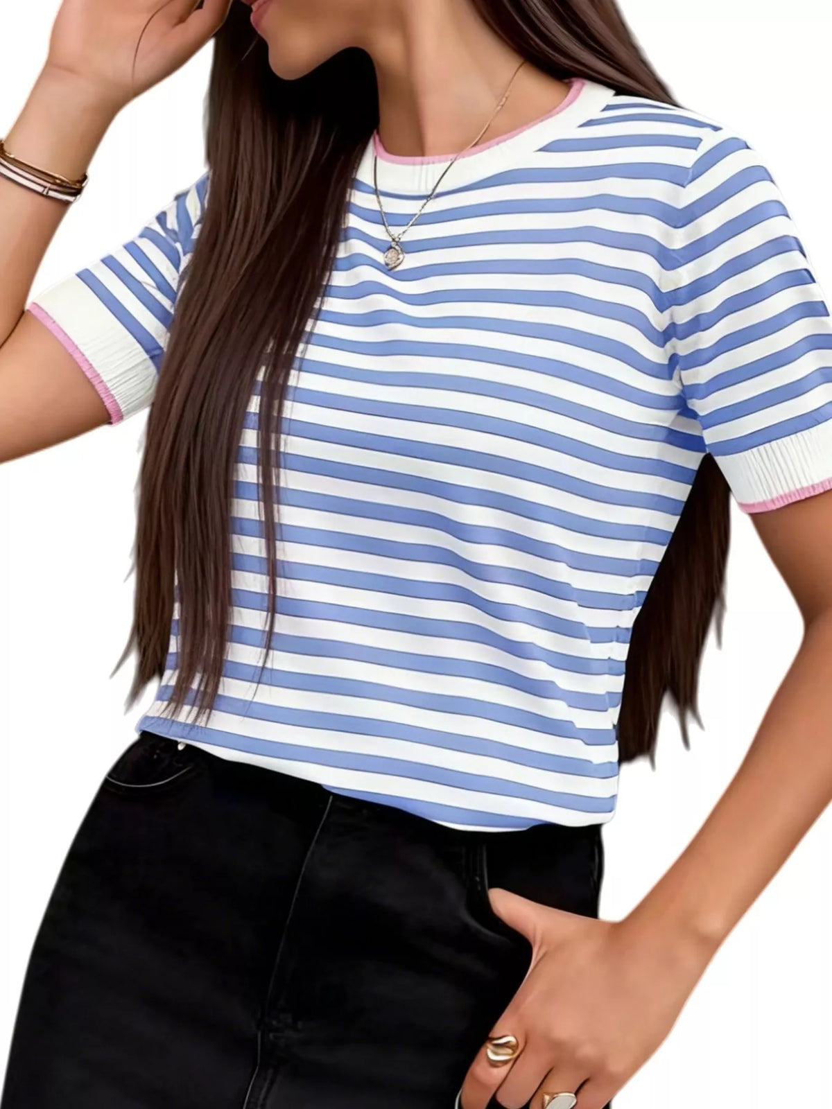 Contrast Trim Striped Short Sleeve Knit Top Trendsi Stripe XS