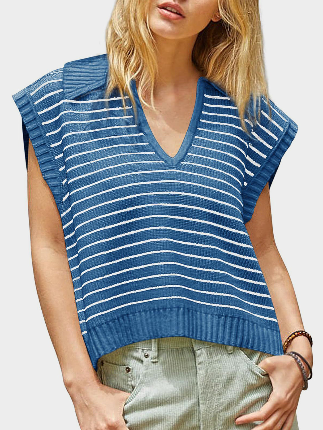 TEEK - Mandy Collared Neck Striped Sweater Vest TOPS TEEK Trend