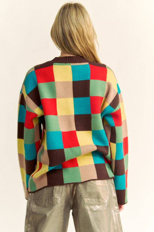 TEEK - Brown Multi Color Block Checkered Dropped Shoulder Sweater TOPS TEEK Trend