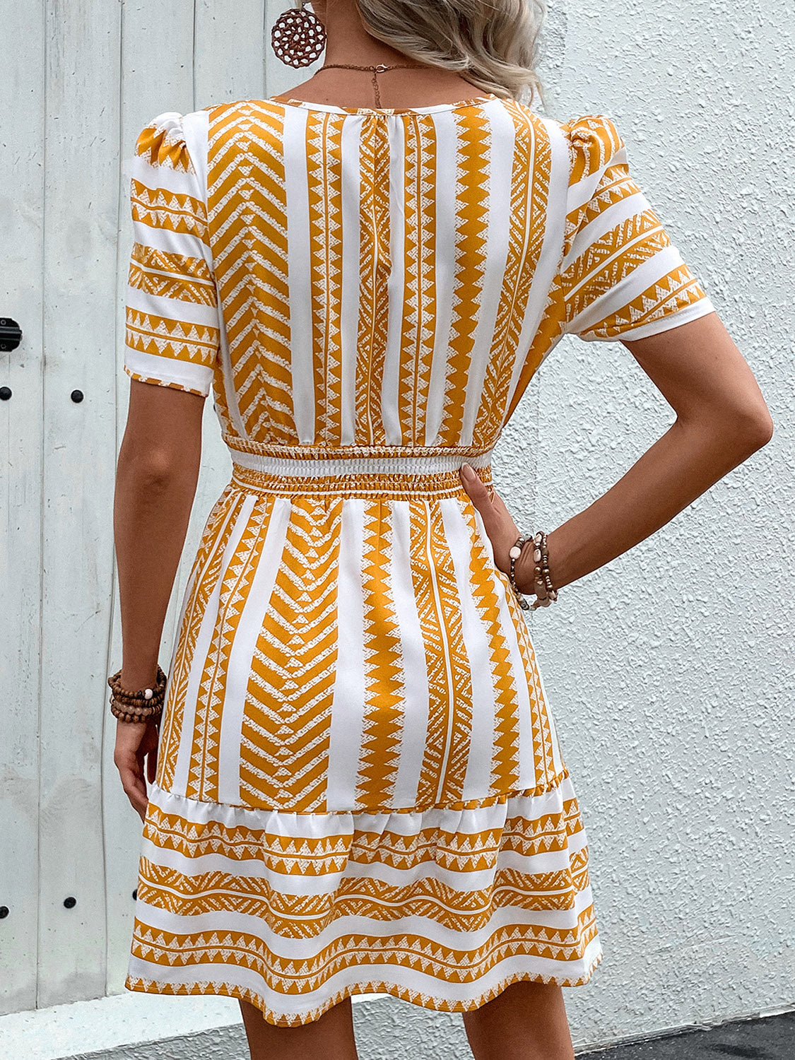 TEEK - Mustard Geometric Notched Short Sleeve Dress DRESS TEEK Trend   