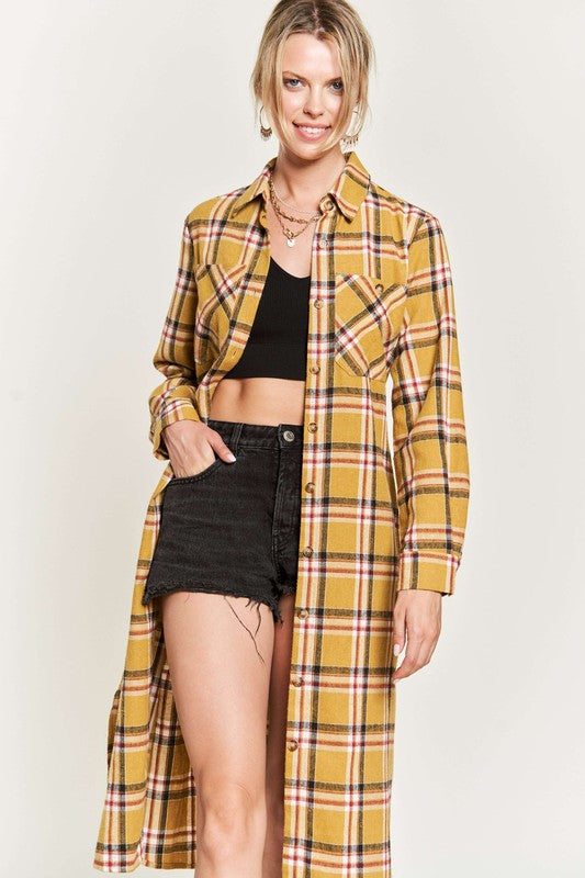 TEEK - PLUS SIZE  PLAID PRINT COLLAR LONG SHIRT DRESS DRESS TEEK FG   