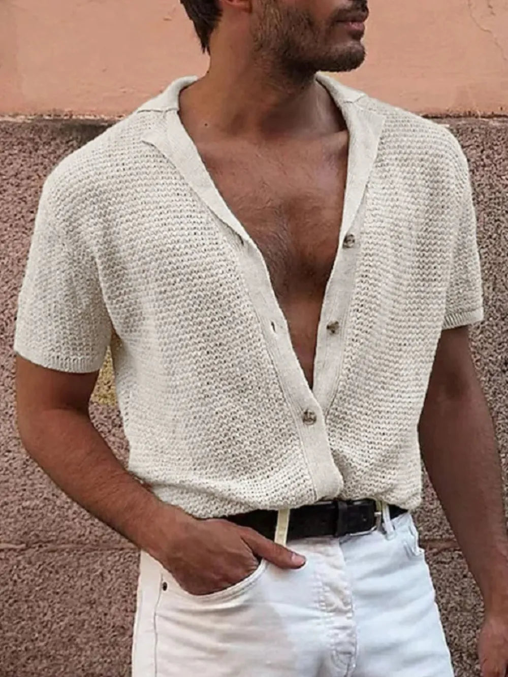 TEEK - Mens Button Down Short Sleeve Shirt TOPS TEEK Trend Ivory S