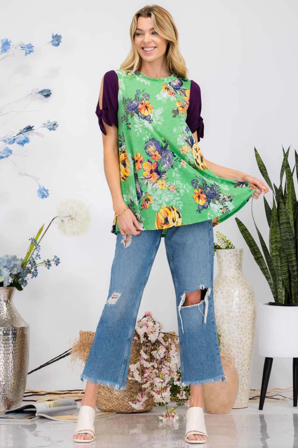 TEEK - Green Floral Celeste Tie Sleeve Blouse TOPS TEEK Trend   