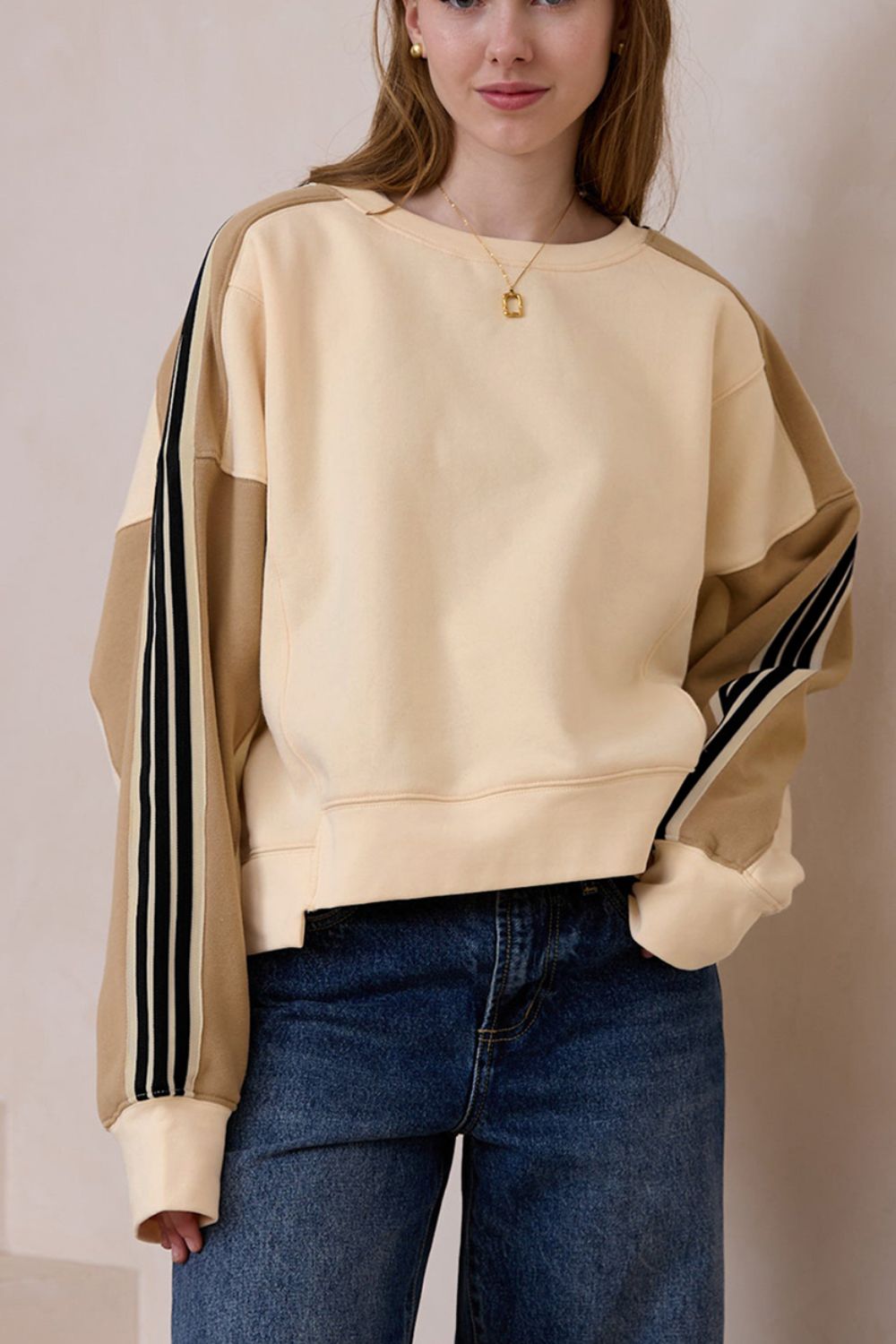 TEEK - Beige Contrast Round Neck Long Sleeve Sweatshirt TOPS TEEK Trend