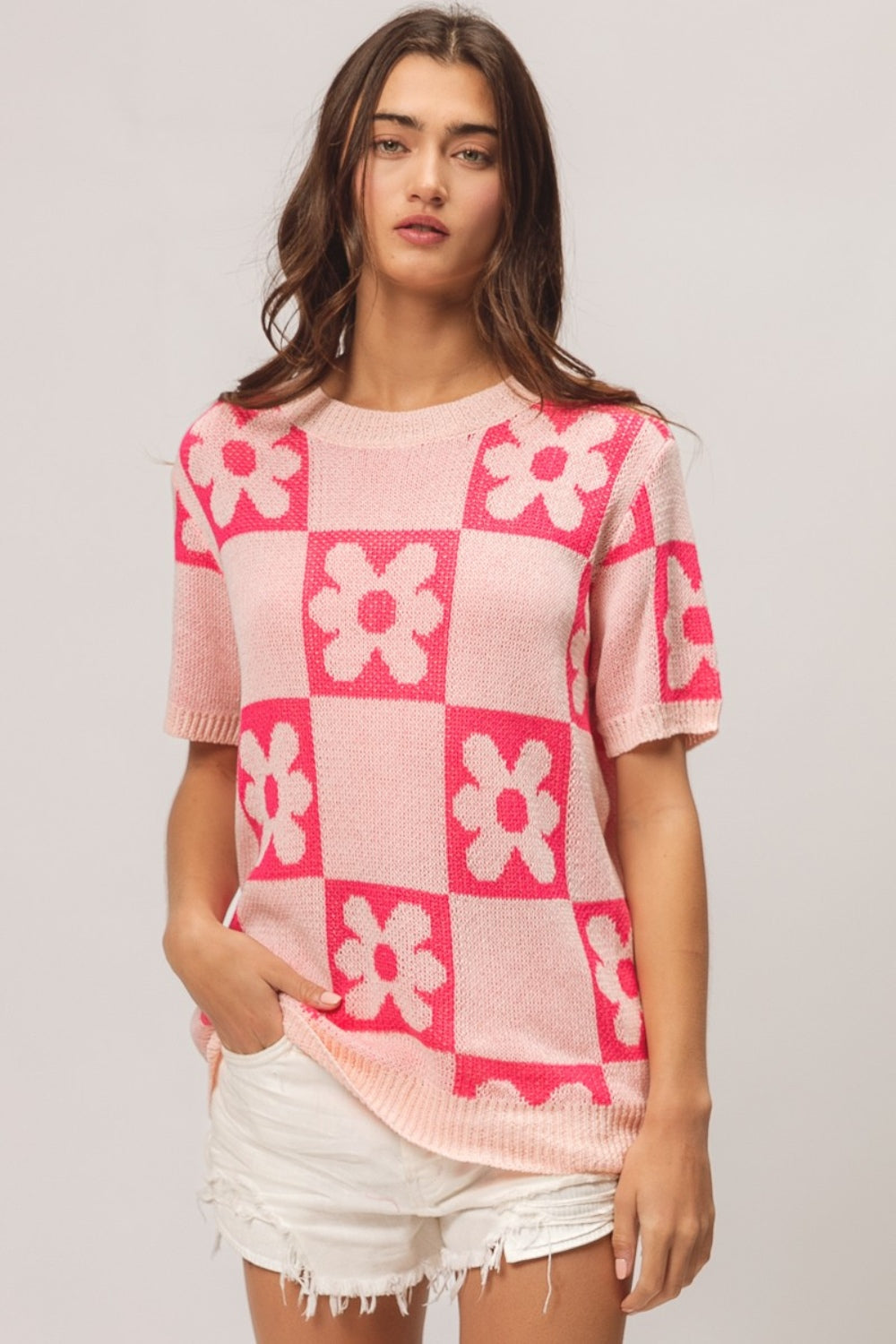 TEEK - Blush Fuchsia Flower Checker Pattern Short Sleeve Sweater SWEATER TEEK Trend   