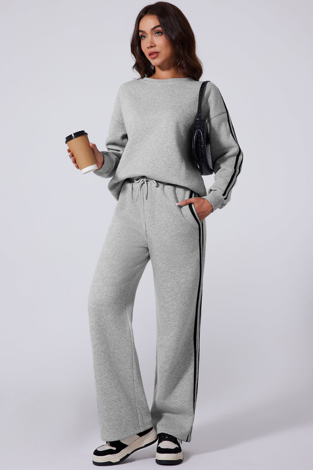 Side Striped Round Neck Top and Pants Active Set TEEK Trend