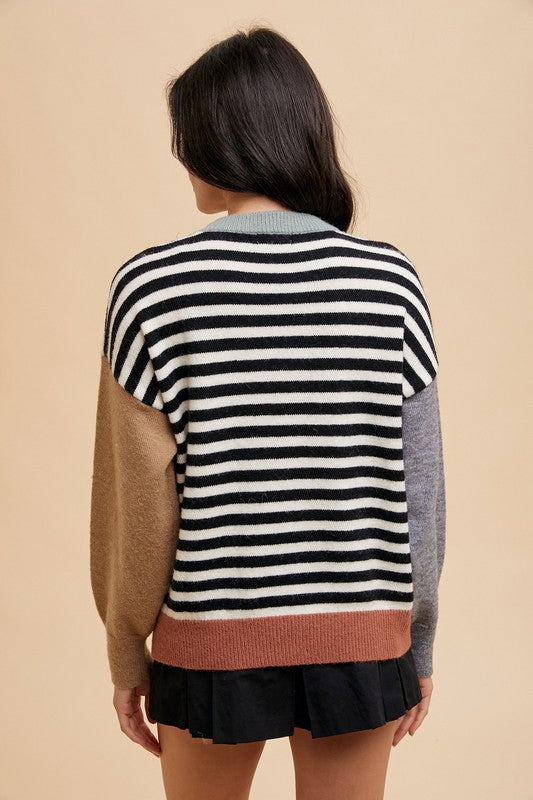 TEEK - Ivory Black Striped Color Block Sweater TOPS TEEK Trend