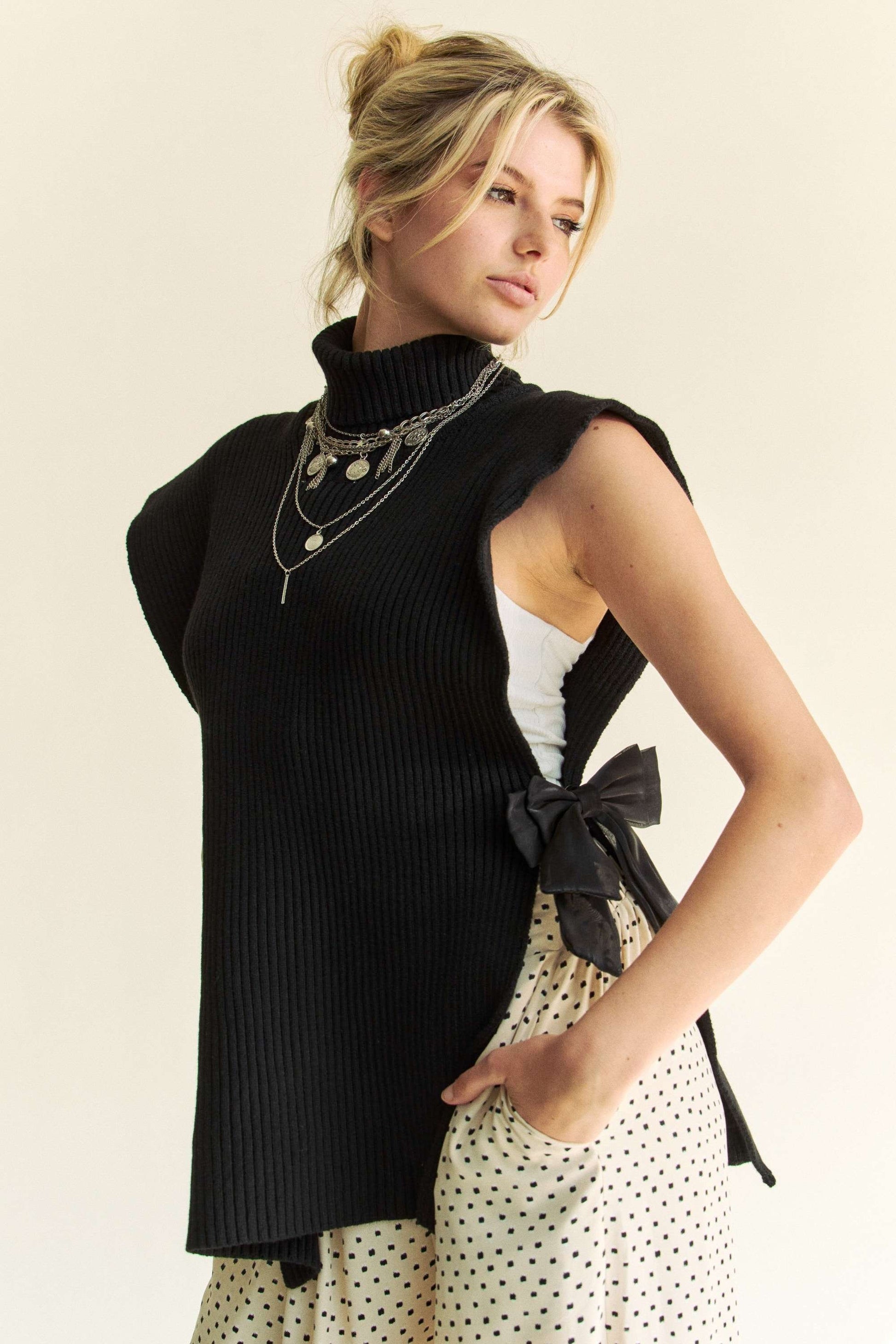 TEEK - Black Side Split Turtleneck Sleeveless Knit Top TOPS TEEK Trend