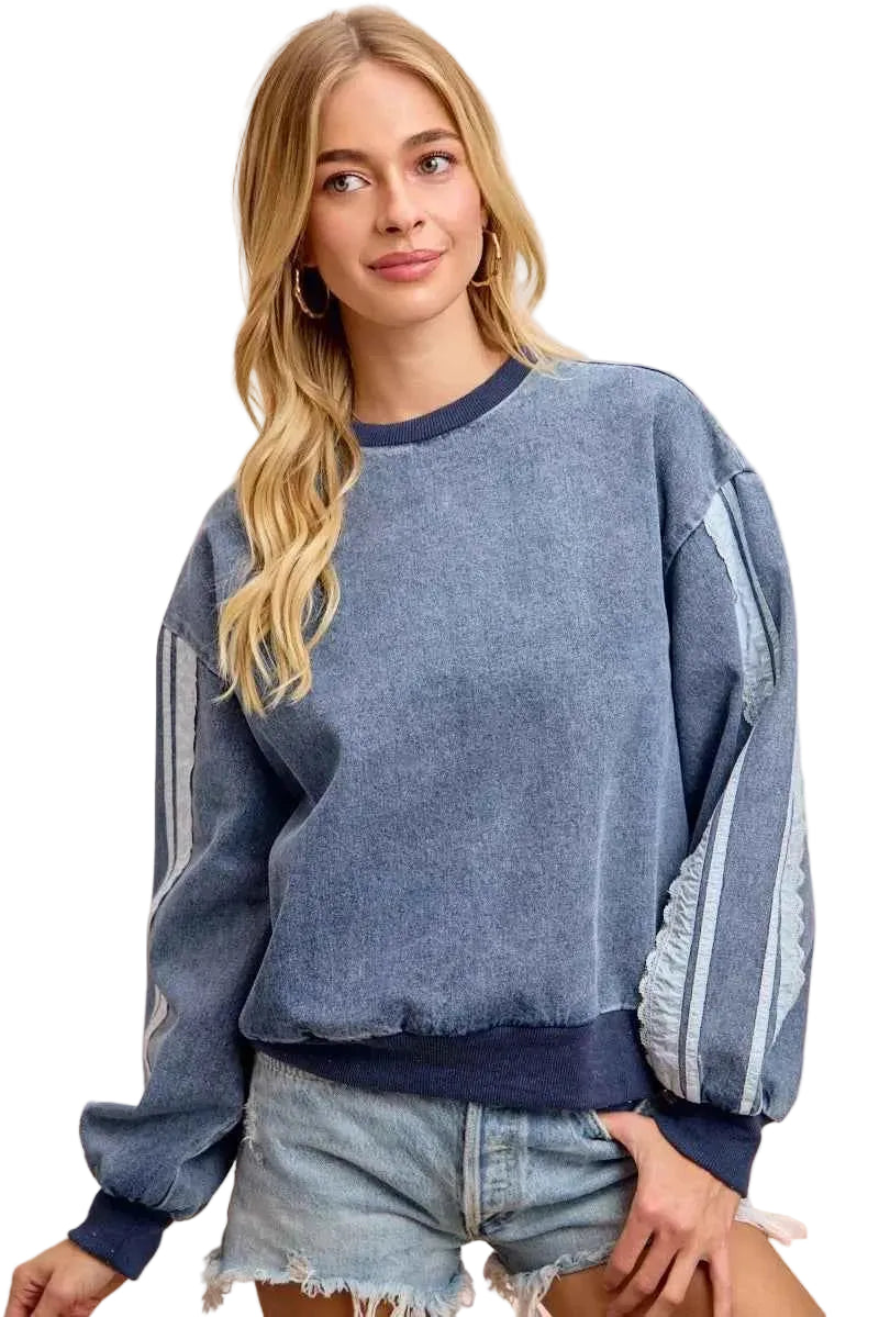 BiBi Washed Denim Lace Contrast Sided Sweatshirt Trendsi DENIM S