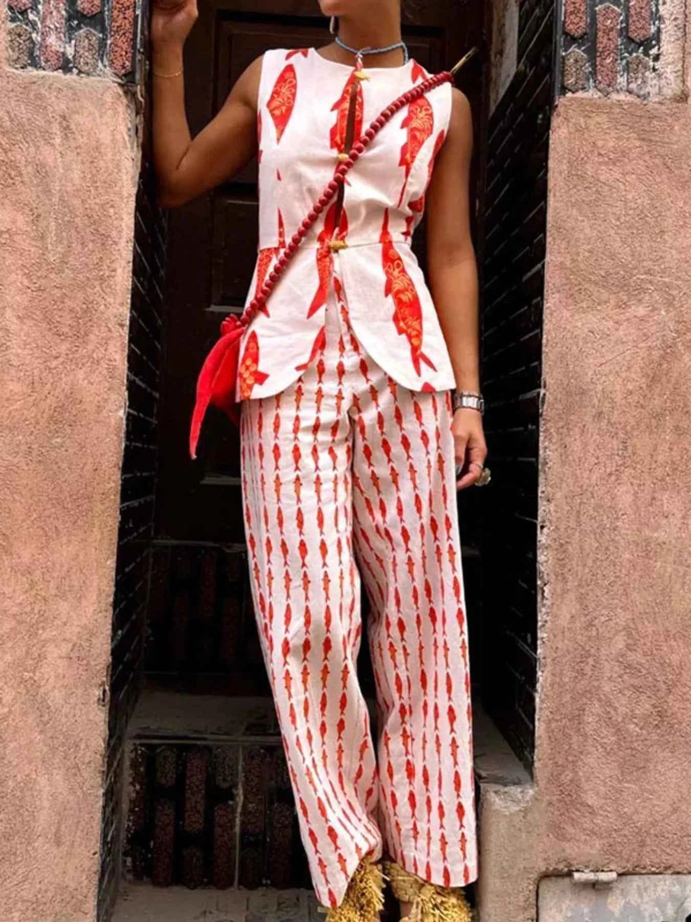 TEEK - Fish Print Sleeveless Top and Pants Set SET TEEK Trend