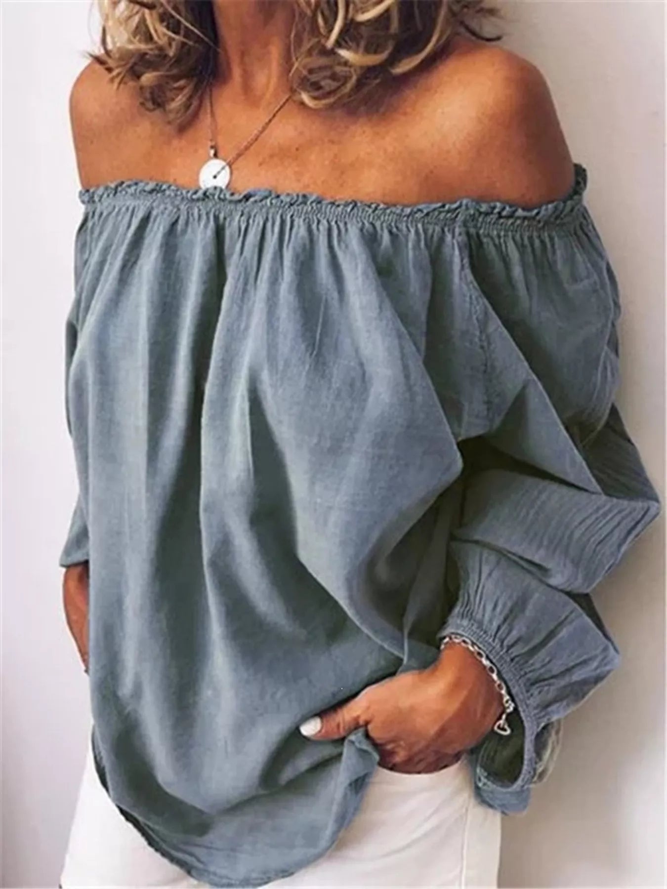 Off-Shoulder Frill Trim Blouse Trendsi Blue S